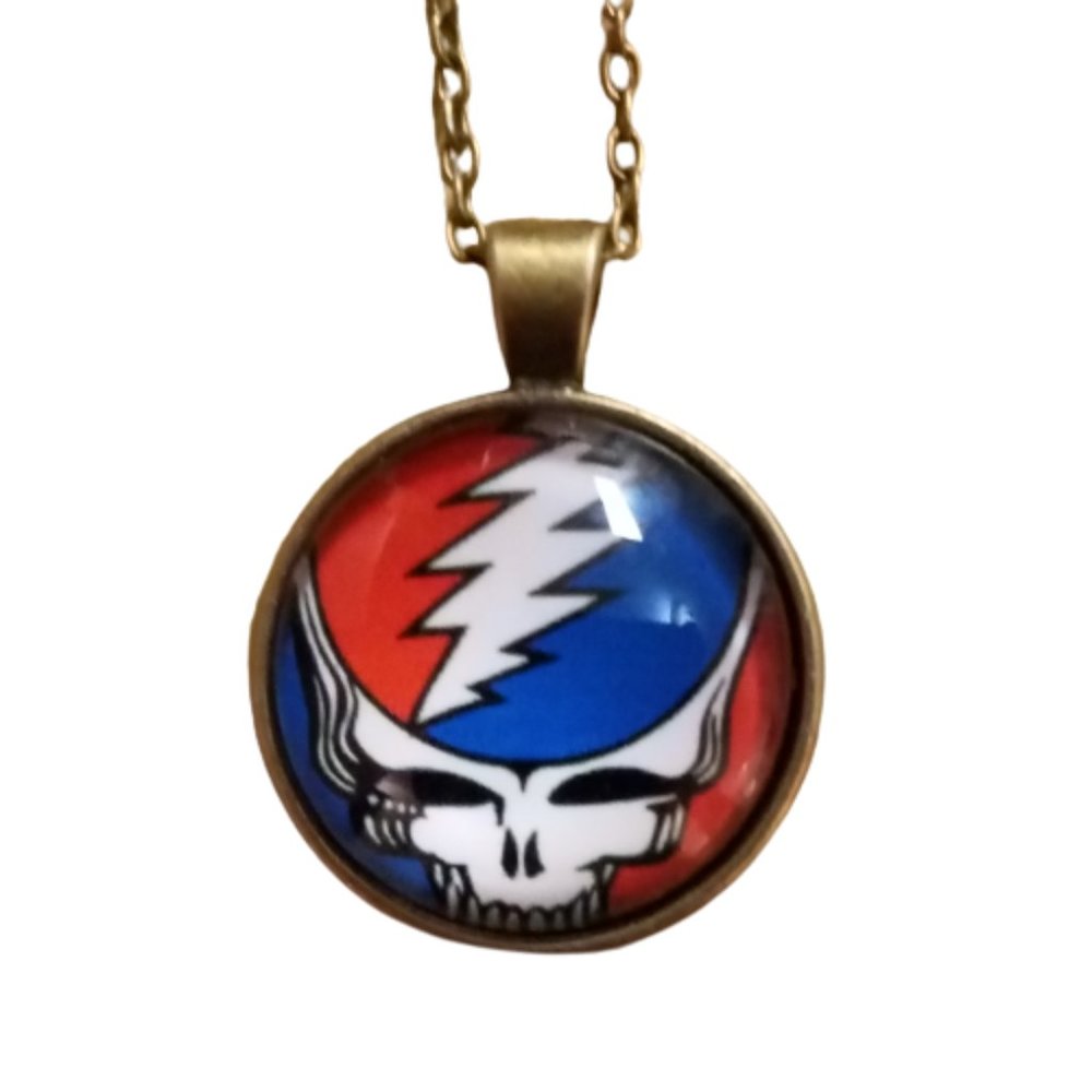 Grateful Dead Steal Your Face Glass Cabochon Necklace Antique Brass Charm /Chain